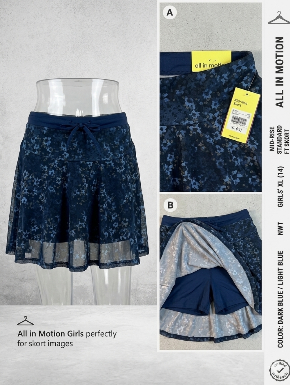 All in Motion Girls XL (14) Floral Mesh Mid-Rise Skort Dark Blue Athletic NWT